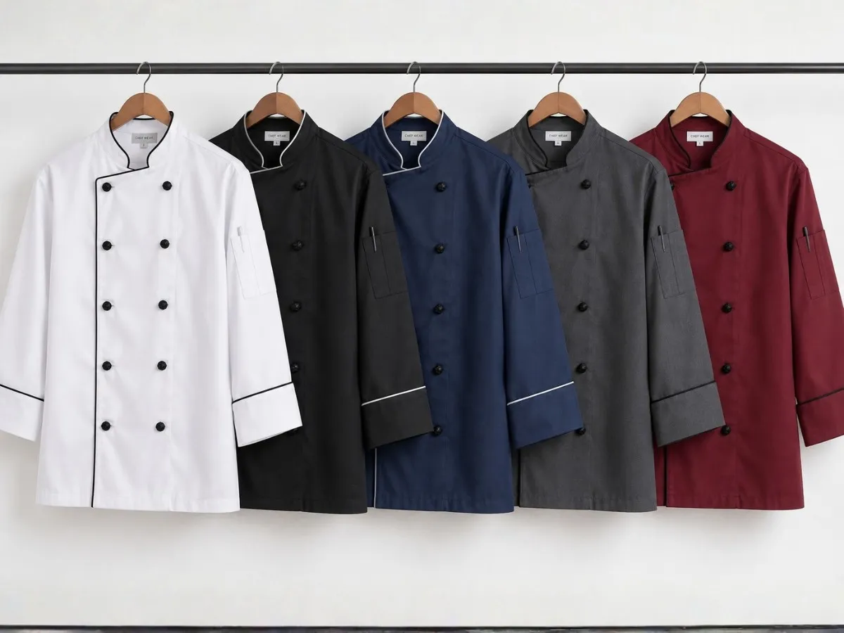 Five custom chef coats on display in different colors