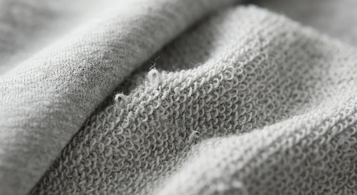 Close-up of french terry jogger fabric, 240-320 gsm, soft-loop interior texture