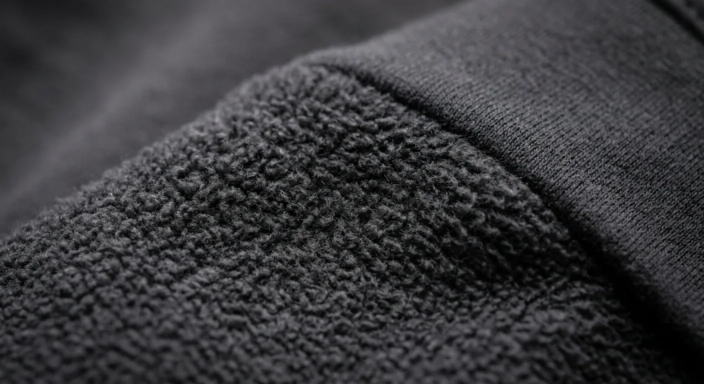 Close-up of heavy fleece jogger fabric, 280-450 gsm, brushed interior texture