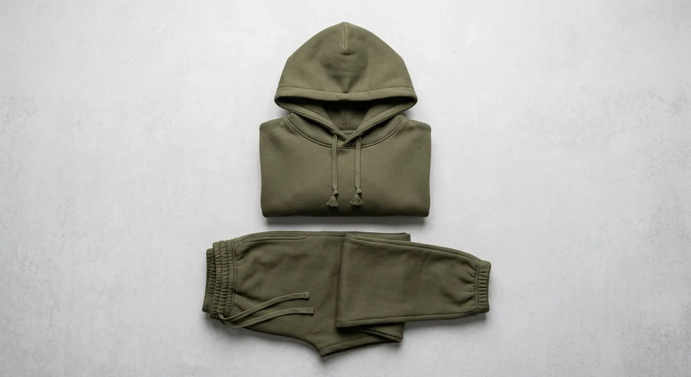 Flat lay of matching jogger and hoodie co-ord set in heavy fleece fabric