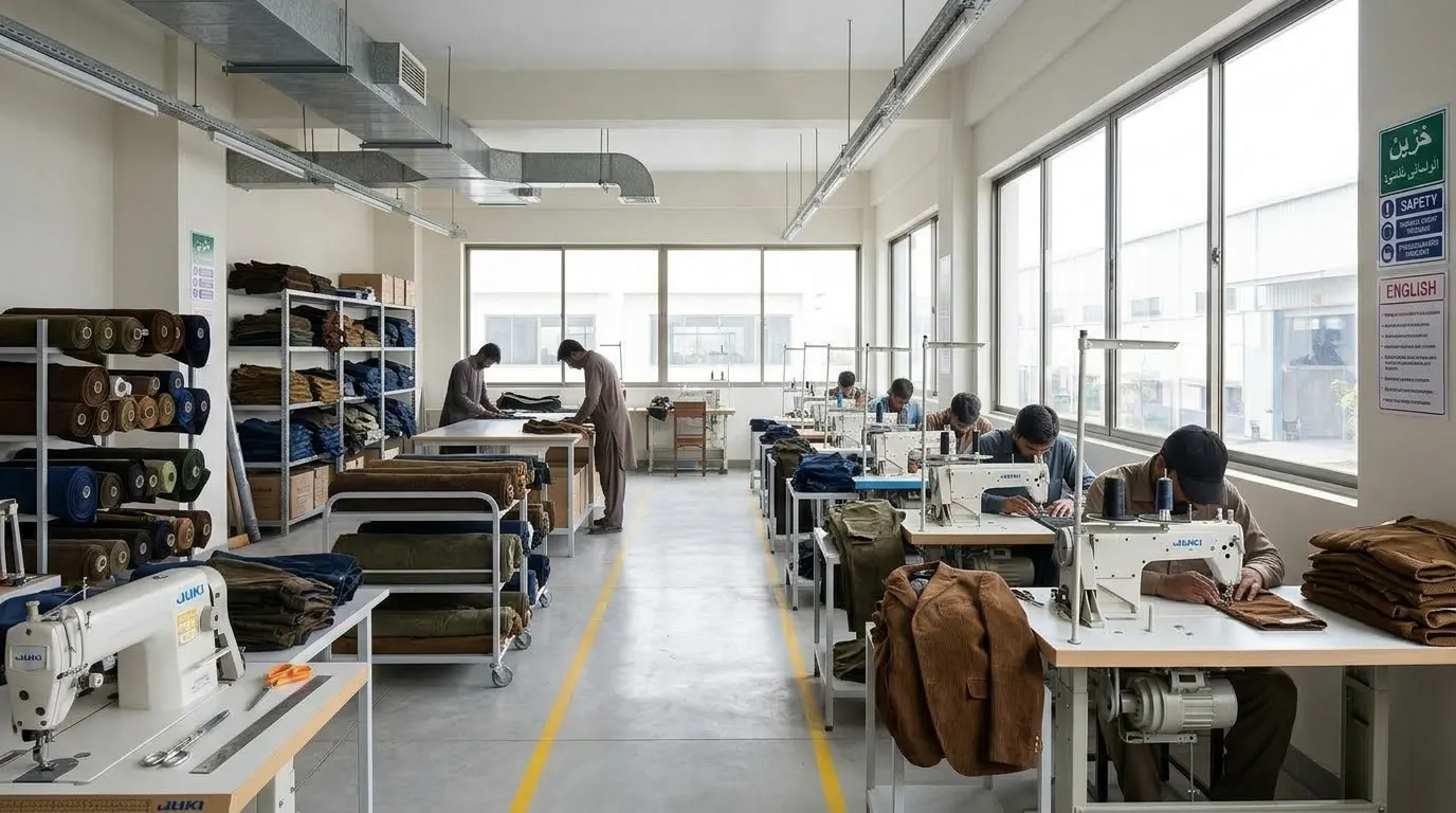 Garment factory worker manufacturing custom corduroy apparel