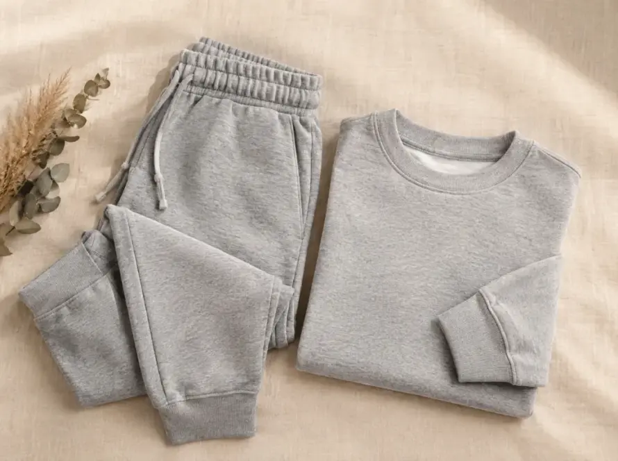 Private label loungewear manufacturer flat-lay of matching set for wholesale brands