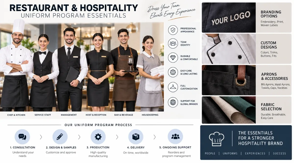 Restaurant, Bar &Amp; Hospitality Staff Uniforms | Oem Manufacturer 4 Restaurant uniform and hospitality program essentials diagram