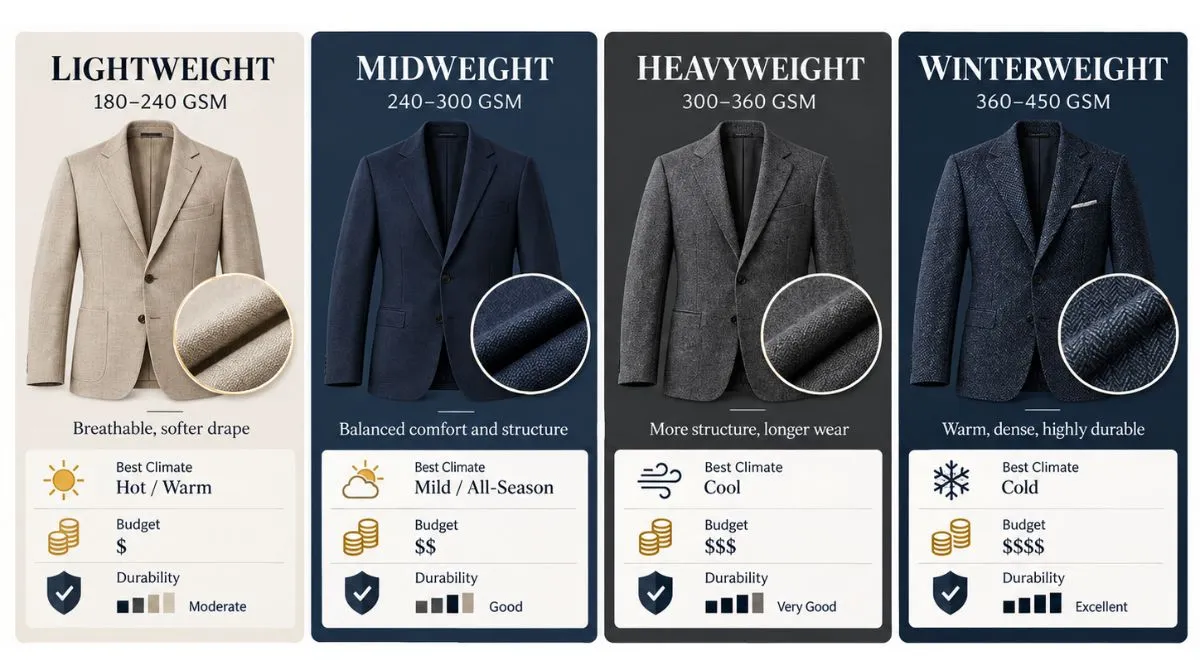 School blazer fabric and weight options comparison chart