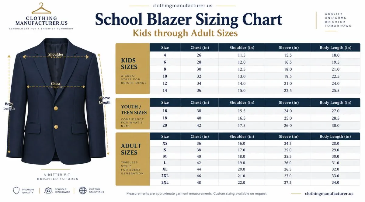 School blazer sizing chart from kids through adult