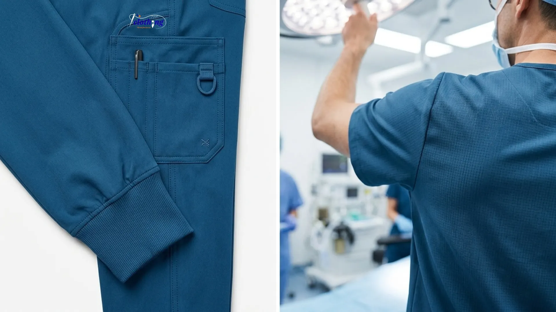 Surgical team wearing anti-static fluid barrier surgical scrubs