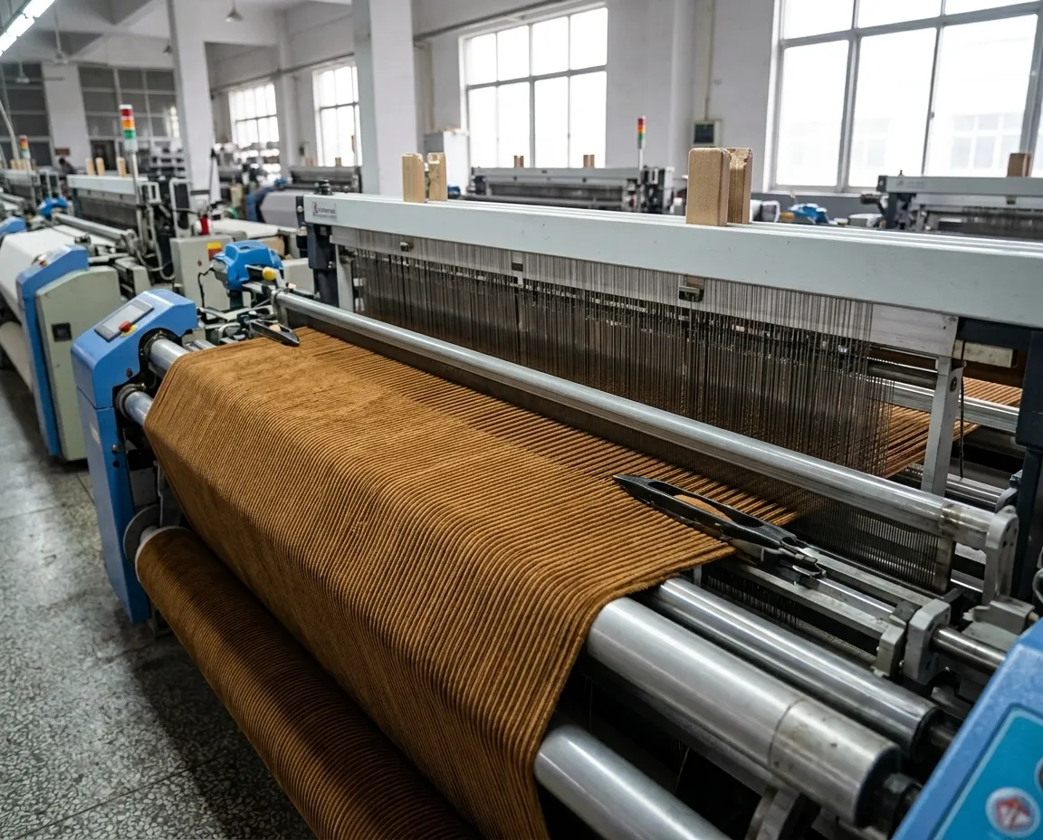 Weaving loom machinery producing corduroy fabric