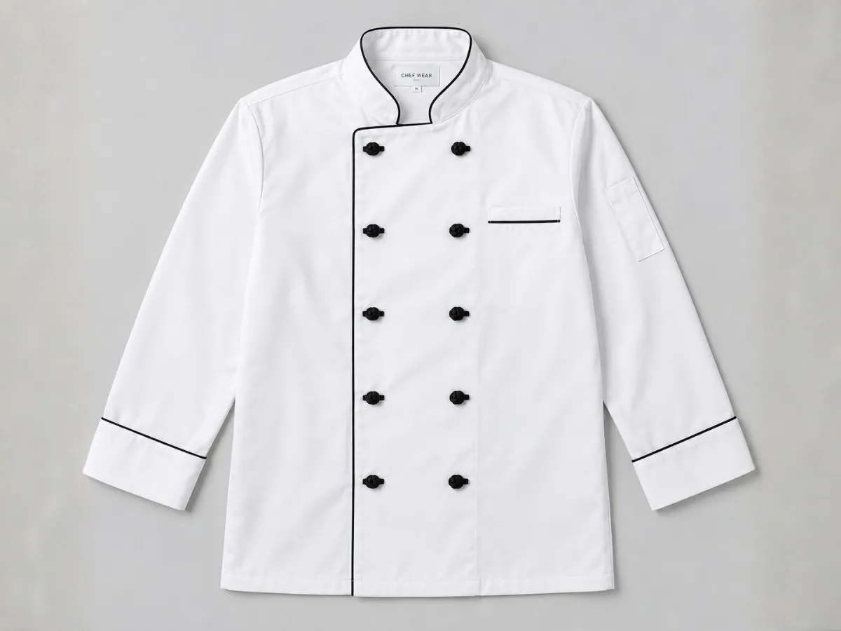 Custom chef coat manufacturer — white piped double-breasted chef jacket