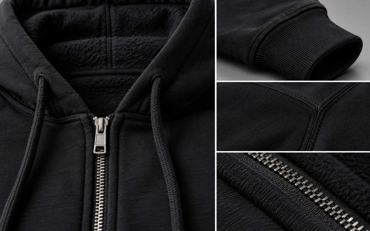 Close-up details of a black zip up hoodie showing fleece fabric, zipper, rib cuff and seam construction
