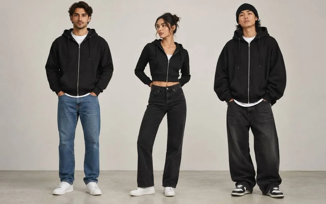 Mens, womens and oversized black zip up hoodie fit comparison in a clean editorial studio setting