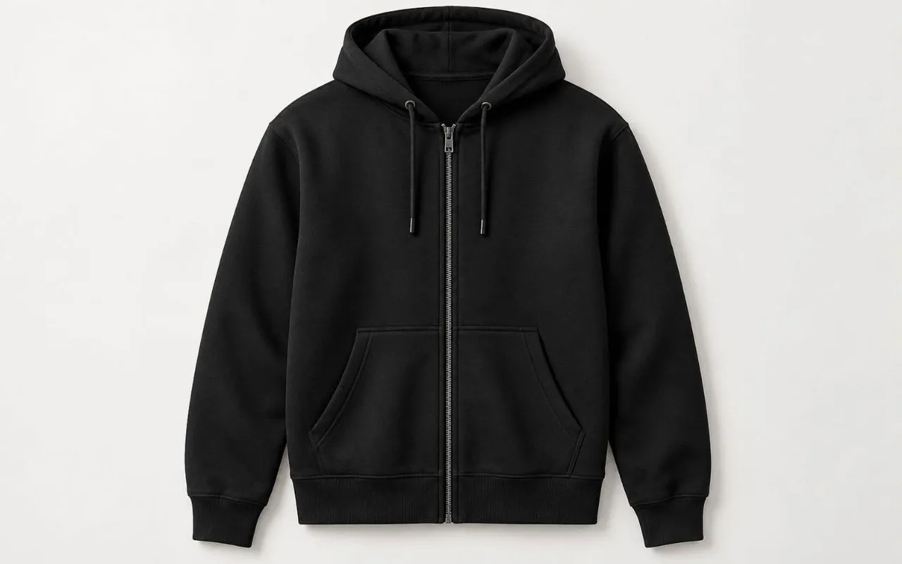 Black zip up hoodie product image showing a plain full zip hooded sweatshirt on a clean studio background