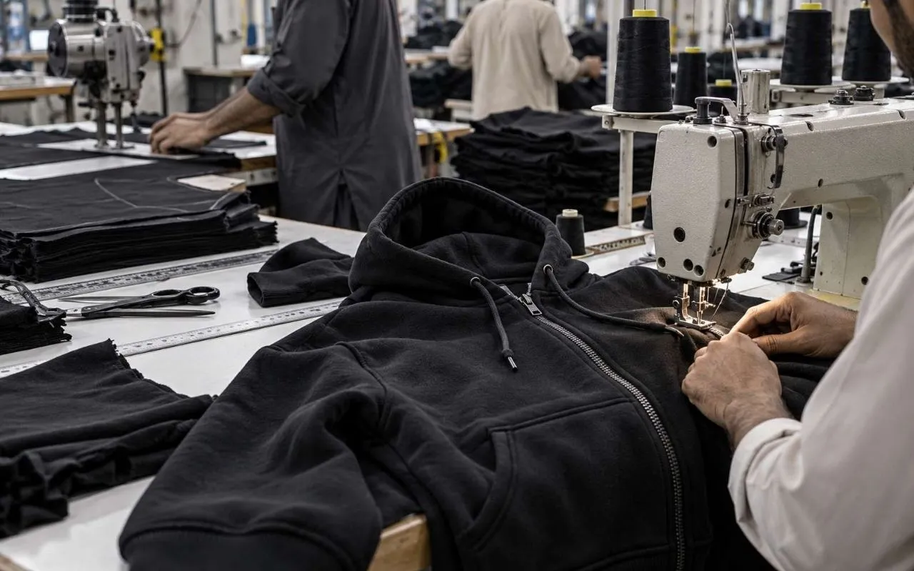Custom black zip up hoodie manufacturing, inspection and embroidery production in an apparel workshop