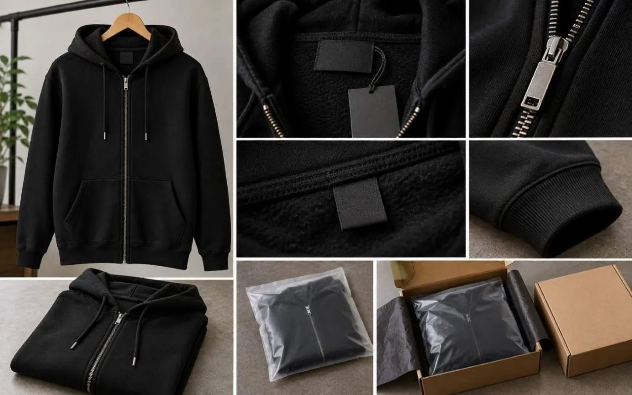 Private label black zip up hoodie details with woven label, hang tag, zipper and packaging presentation