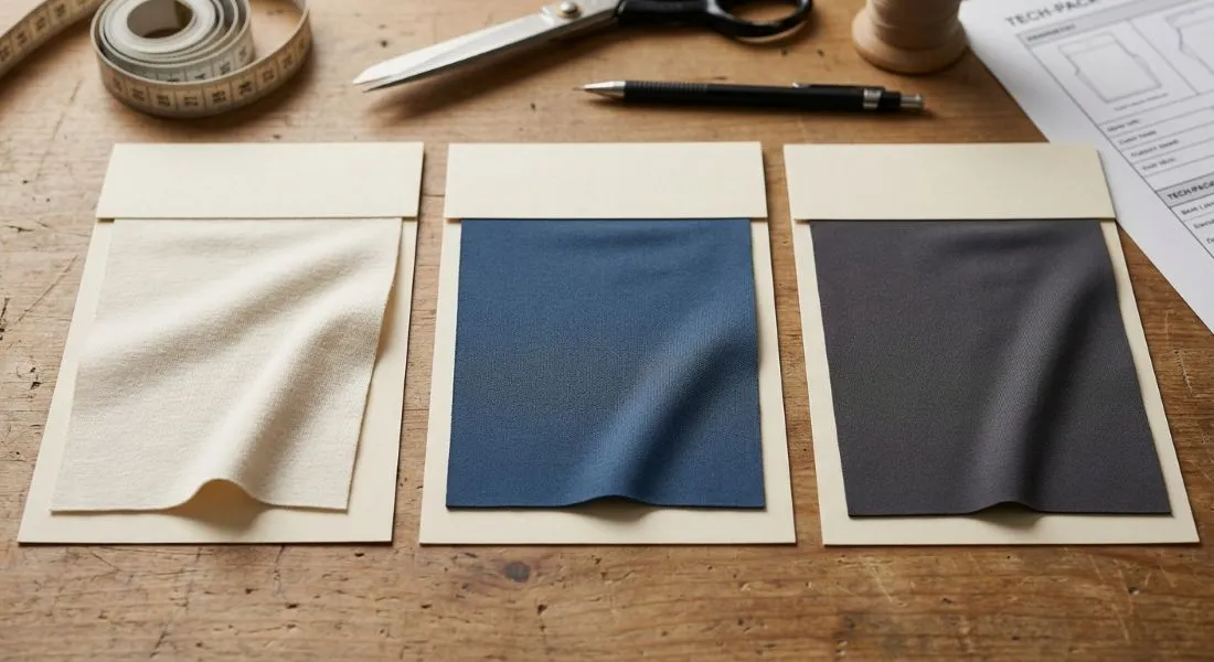 Cotton, polyester and nylon fabric swatch cards showing typical spandex blends of 95/5, 90/10 and 80/20
