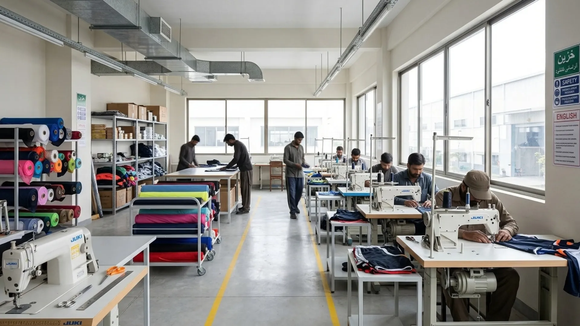 Precision apparel manufacturing line producing custom medical scrubs