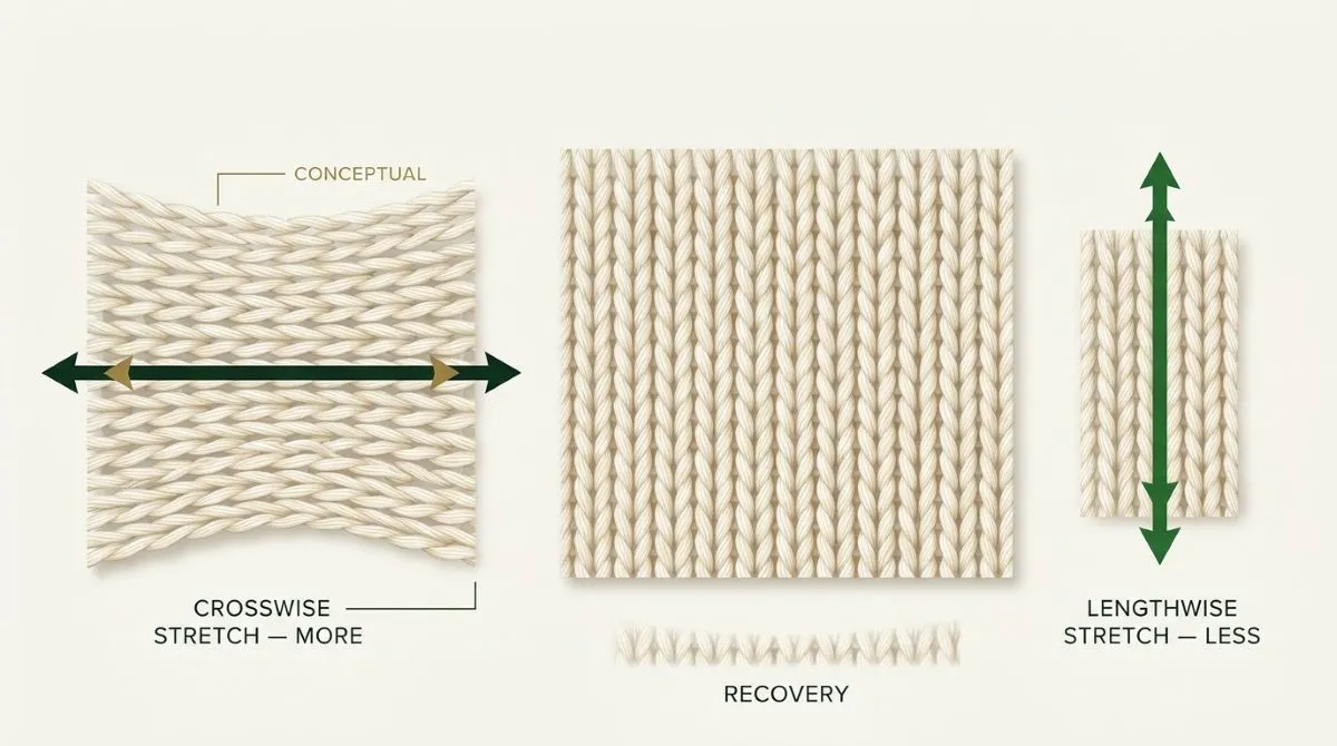Diagram showing crosswise stretch versus lengthwise stretch in jersey fabric