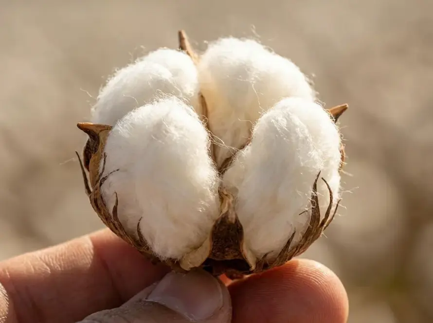 Close-up of a hand-picked pima cotton boll showing its soft, extra-long-staple fibers