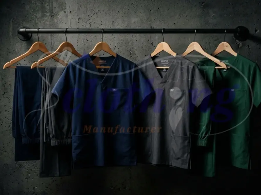 Premium custom medical scrub uniforms displayed on hangers against a dark textured concrete backdrop