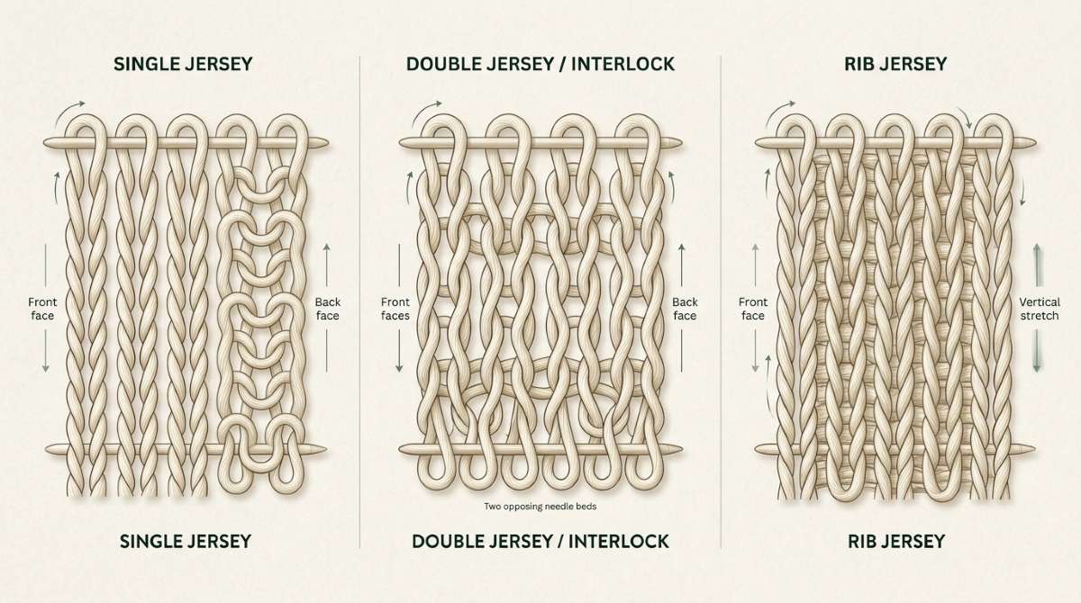 Diagram comparing single jersey, double jersey and rib jersey knit structures