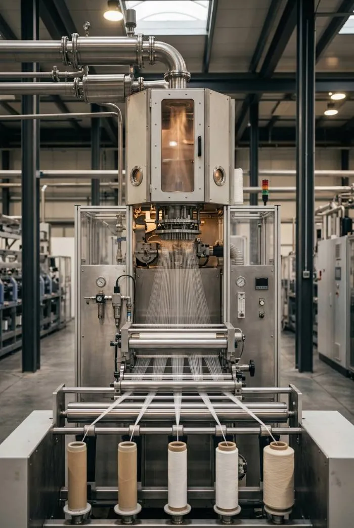 How spandex is made: polymer solution, heated spinning chamber, bundled filaments and wound bobbins