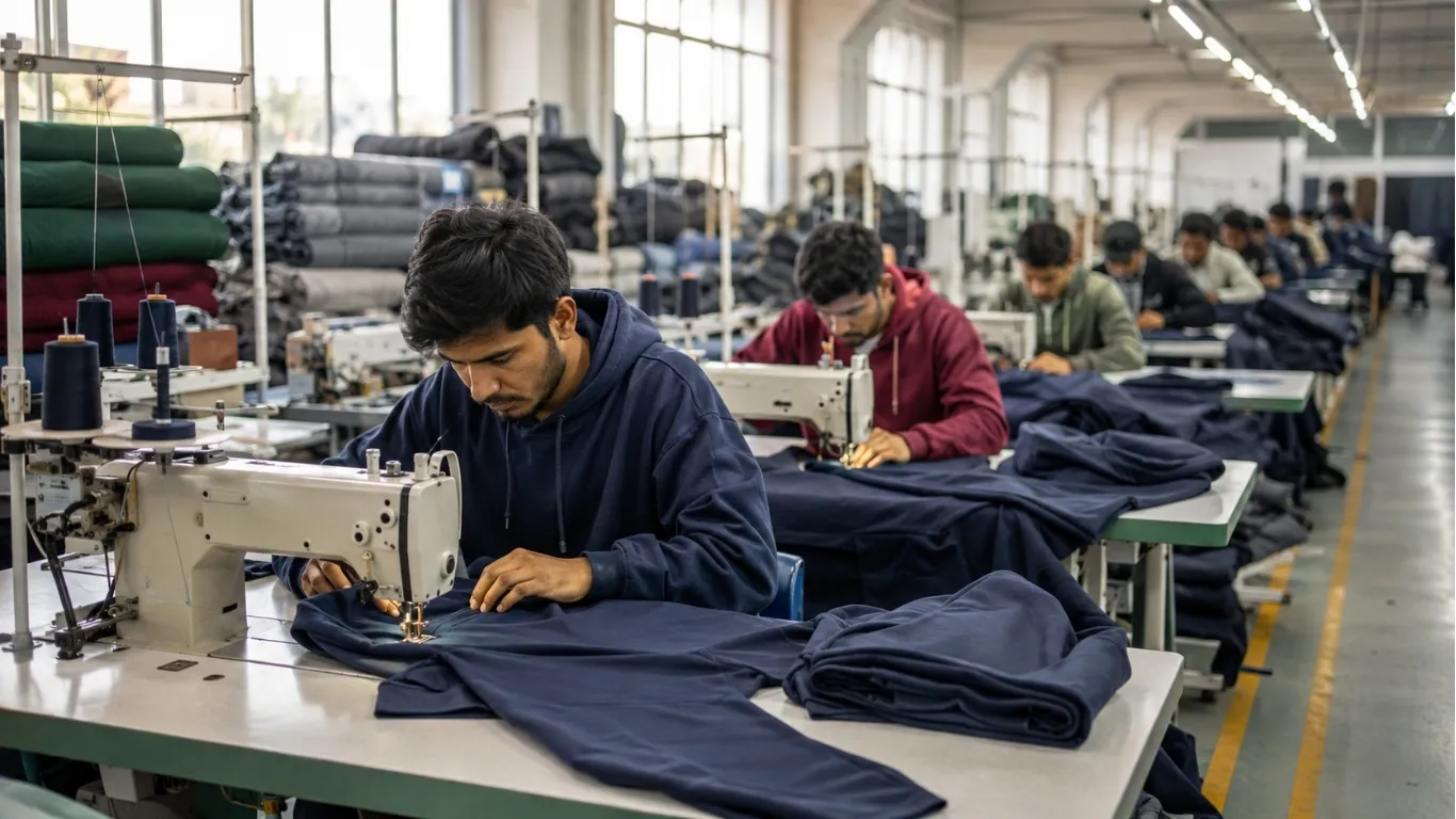 Overseas clothing factory production floor producing private label apparel for us brands