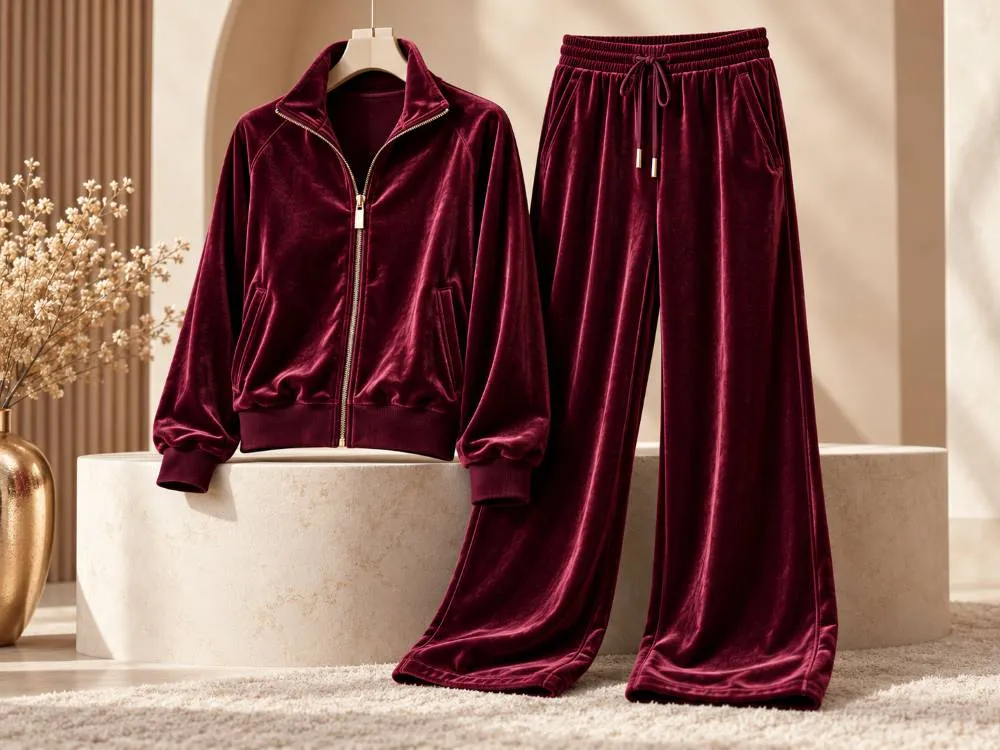 Custom velour tracksuit manufacturer producing plush private label fashion tracksuits for usa brands
