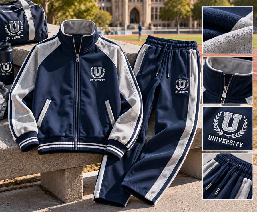 College and university tracksuit manufacturer producing custom team sets with crests colors and player numbering
