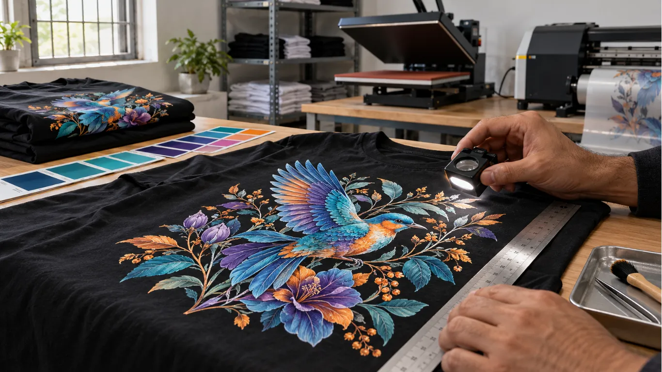 Dtg printing quality control inspection for placement cure and print consistency for custom clothing production
