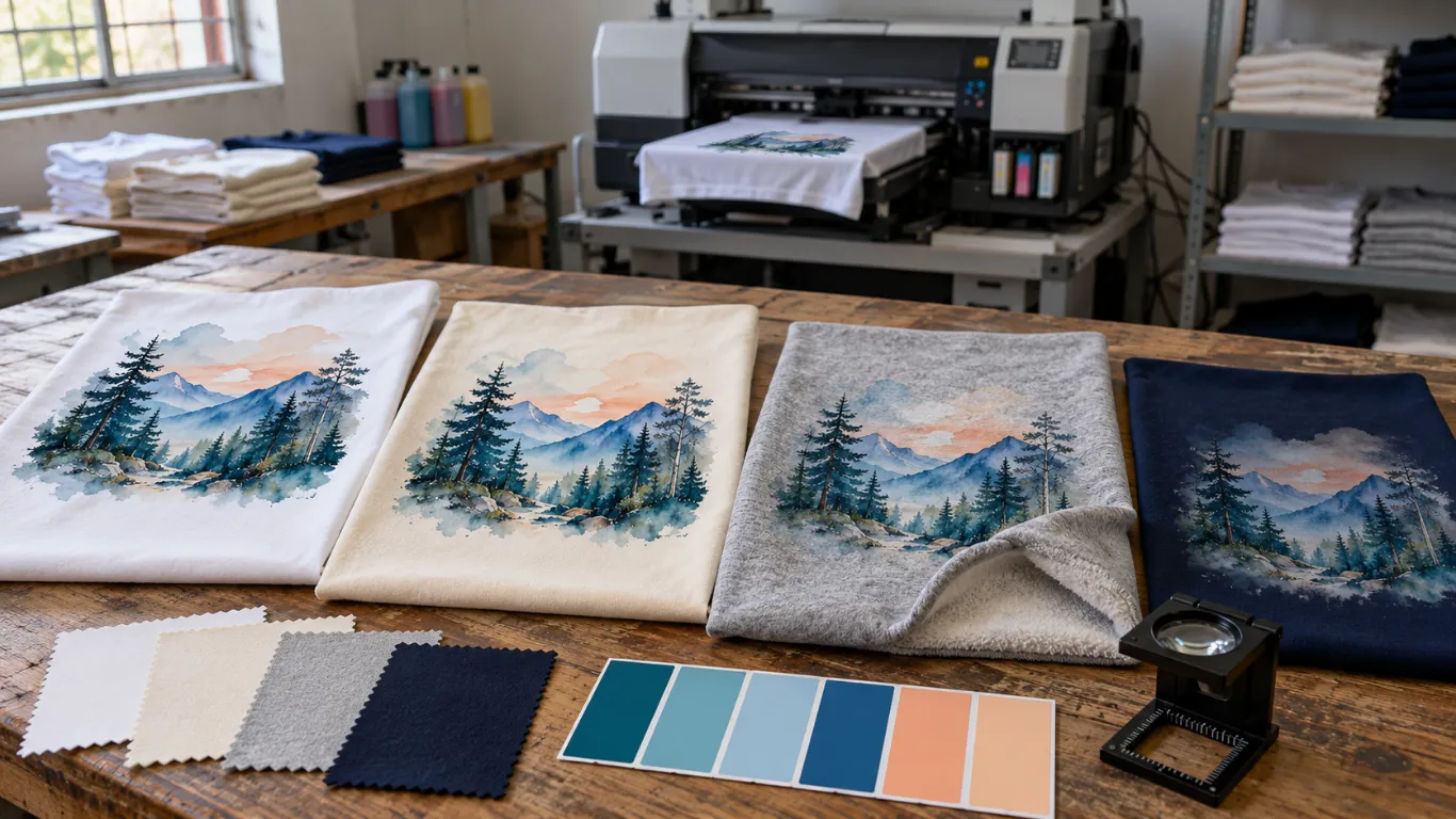 Dtg printing fabric compatibility test on cotton fleece and synthetic apparel for custom clothing production