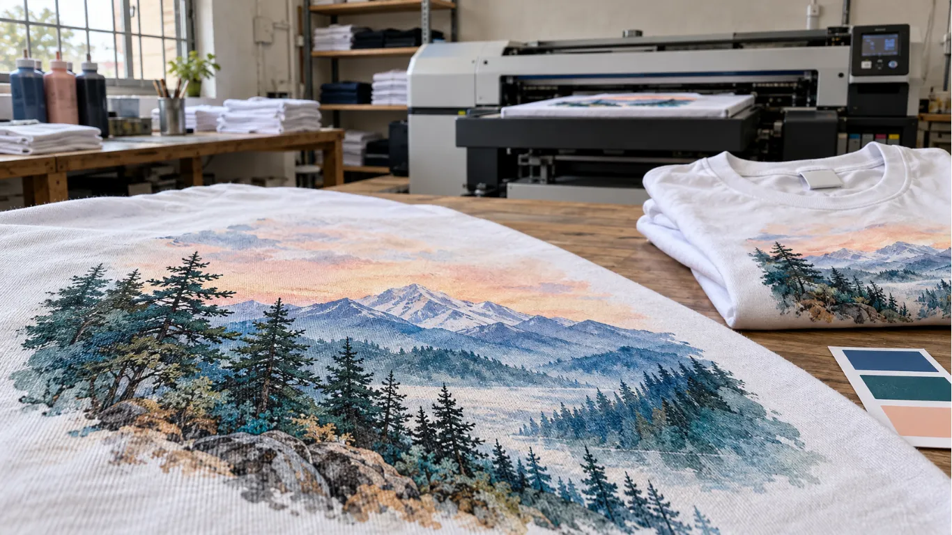 Dtg printing close-up production detail and approved reference sample for custom clothing production