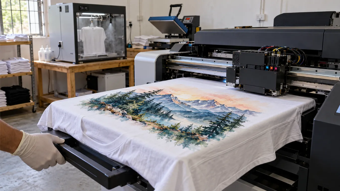 Dtg printing production process from artwork to decorated garment for custom clothing production