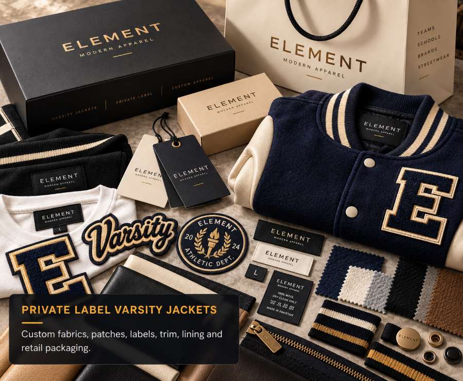 Private label varsity jackets with custom labels packaging and team branding for usa apparel brands