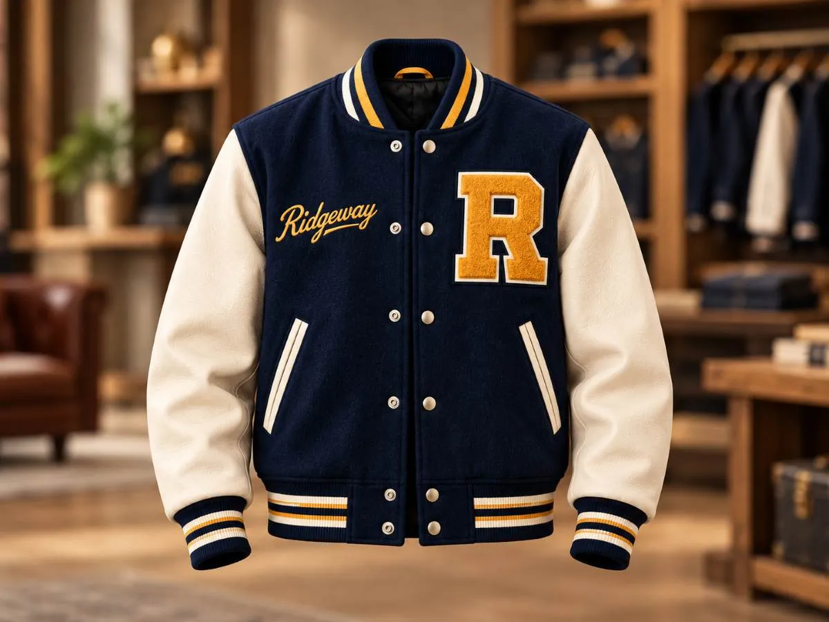 Classic letterman varsity jacket with melton wool body leather sleeves and chenille patches