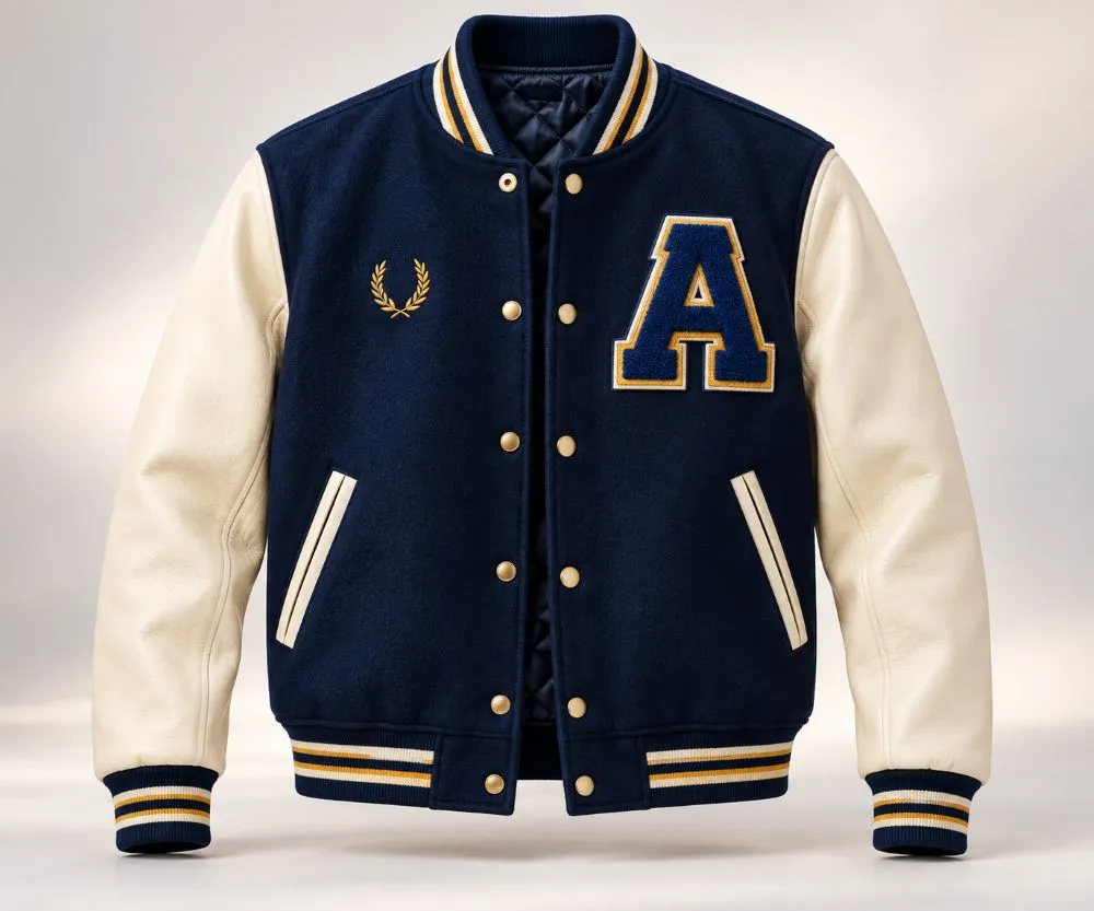 Custom varsity jacket manufacturer producing wool letterman jackets with leather sleeves and chenille patches for usa brands