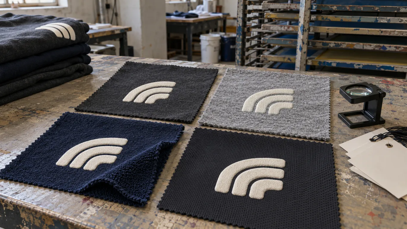 Puff printing fabric compatibility test on cotton fleece and synthetic apparel for custom clothing production