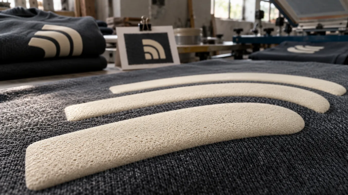 Puff printing close-up production detail and approved reference sample for custom clothing production