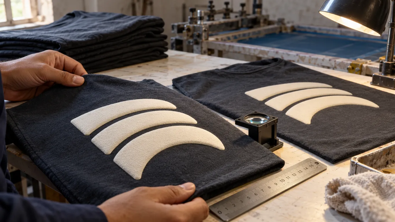 Puff printing quality control inspection for placement cure and print consistency for custom clothing production