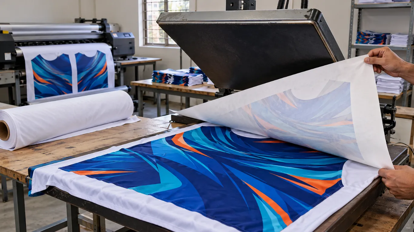 Sublimation printing close-up production detail and approved reference sample for custom clothing production
