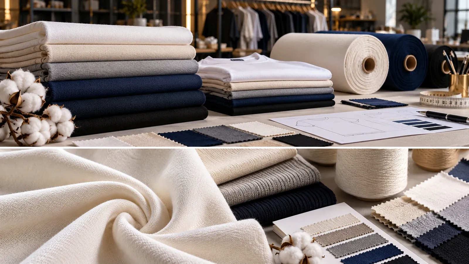 Cotton fabric for clothing manufacturing with knit rolls, t-shirt samples and cotton swatches