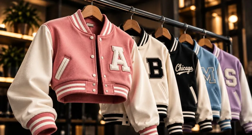 Women's cropped varsity jacket manufacturer with custom wool leather and private label branding options