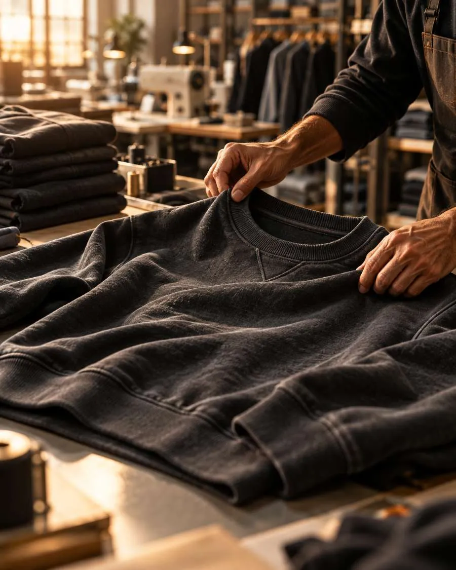 Custom Sweatshirt Manufacturer In Usa | Crewneck, Fleece &Amp; Heavyweight Sweatshirts 2 Custom sweatshirt manufacturing quality control inspection in a garment production facility