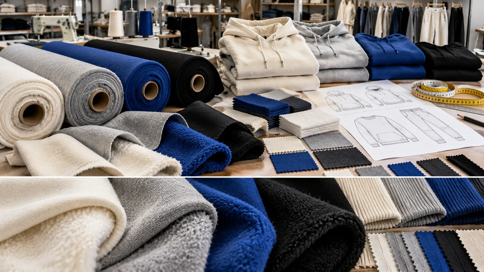 Fleece fabric for hoodie manufacturing with heavyweight rolls, hoodies, rib and swatches