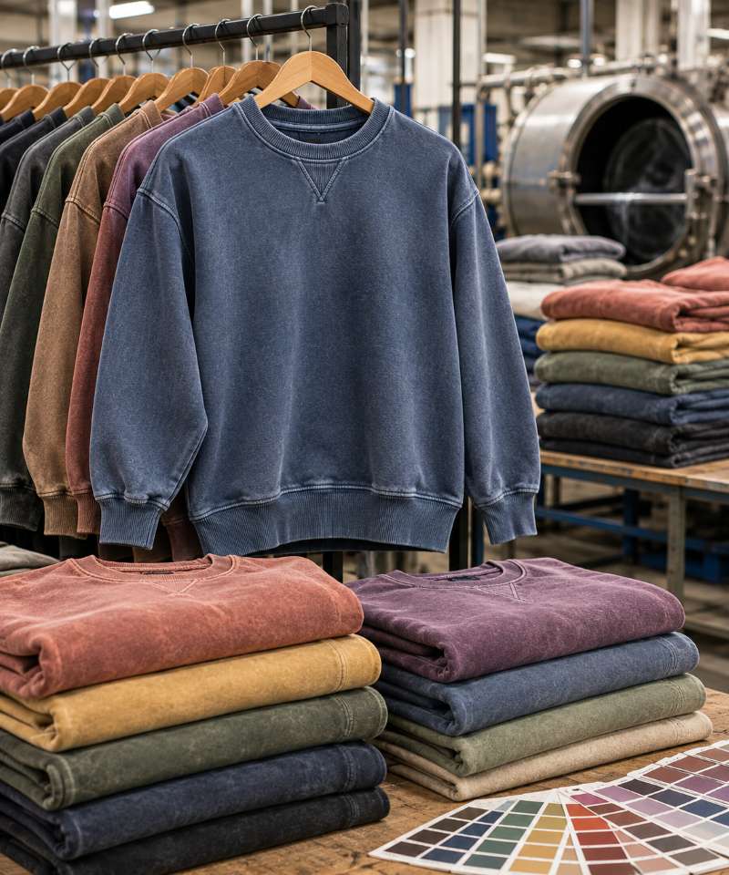 Garment-dyed sweatshirt manufacturer in usa producing 300–420 gsm fleece sweatshirts with washed and custom color finishes