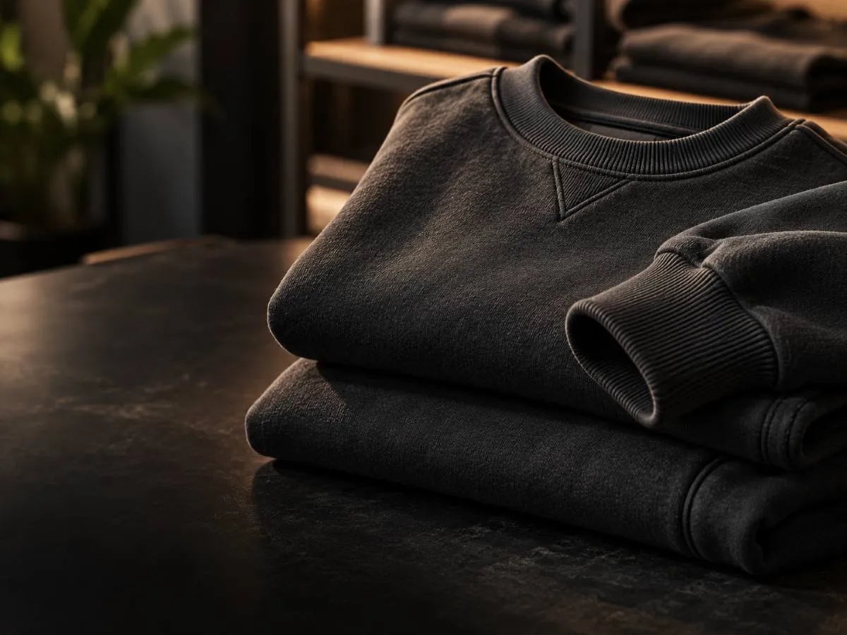 Heavyweight custom sweatshirt stack showing premium fleece construction and ribbed details