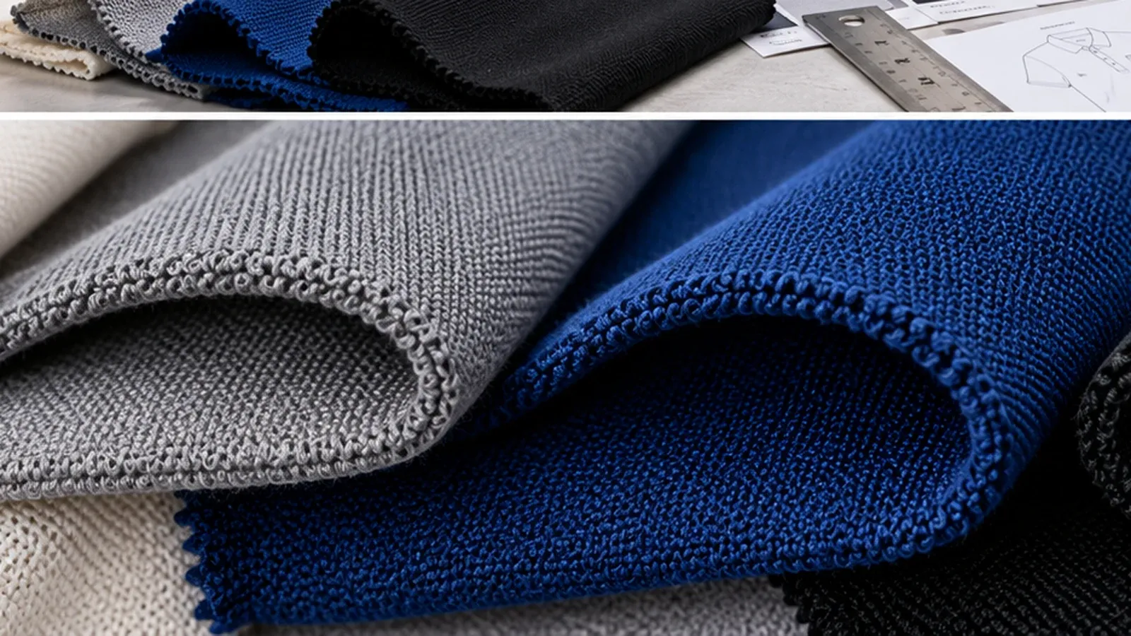 Interlock double-knit fabric texture showing smooth dense faces in apparel colours