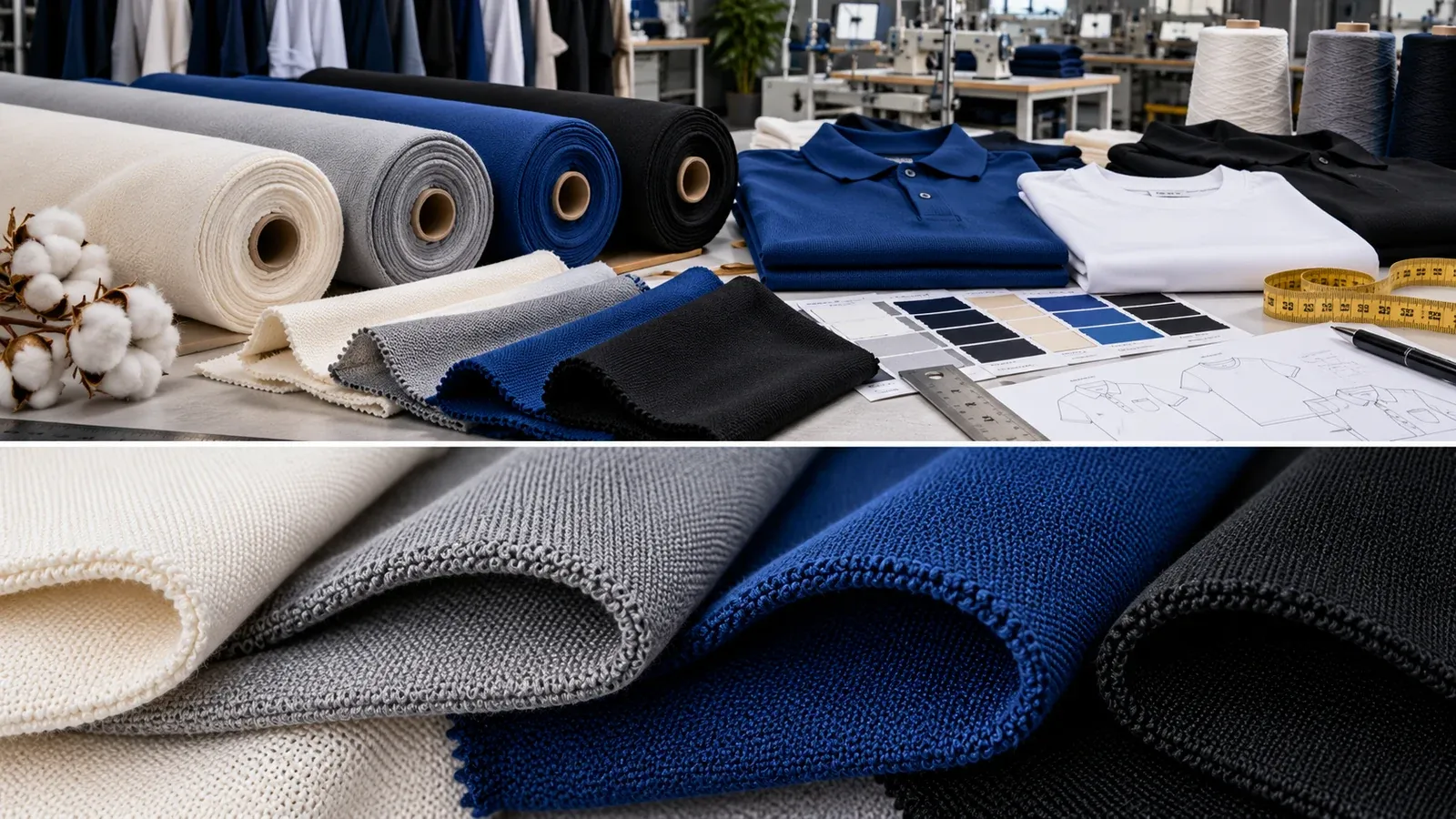 Interlock fabric for clothing manufacturing with double-knit rolls, polos and t-shirt samples