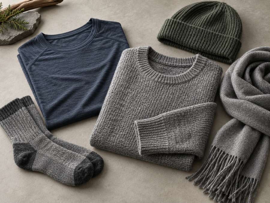 Merino wool clothing uses including base layer t shirt sweater socks and activewear