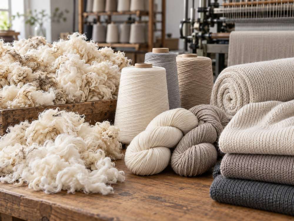 Merino wool fibre yarn and knitted fabric showing how merino material becomes clothing