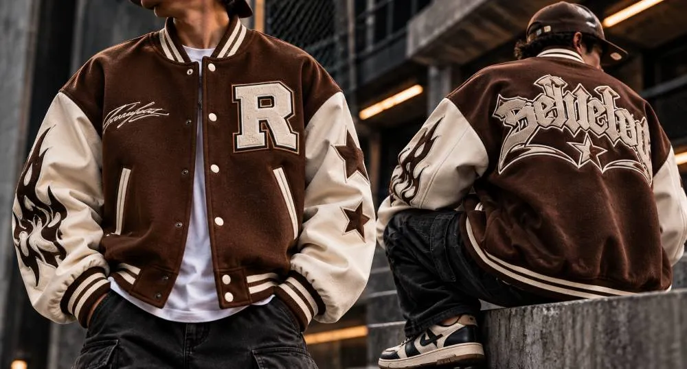 Oversized streetwear varsity jacket manufacturer with drop shoulders custom patches and designer private label styling