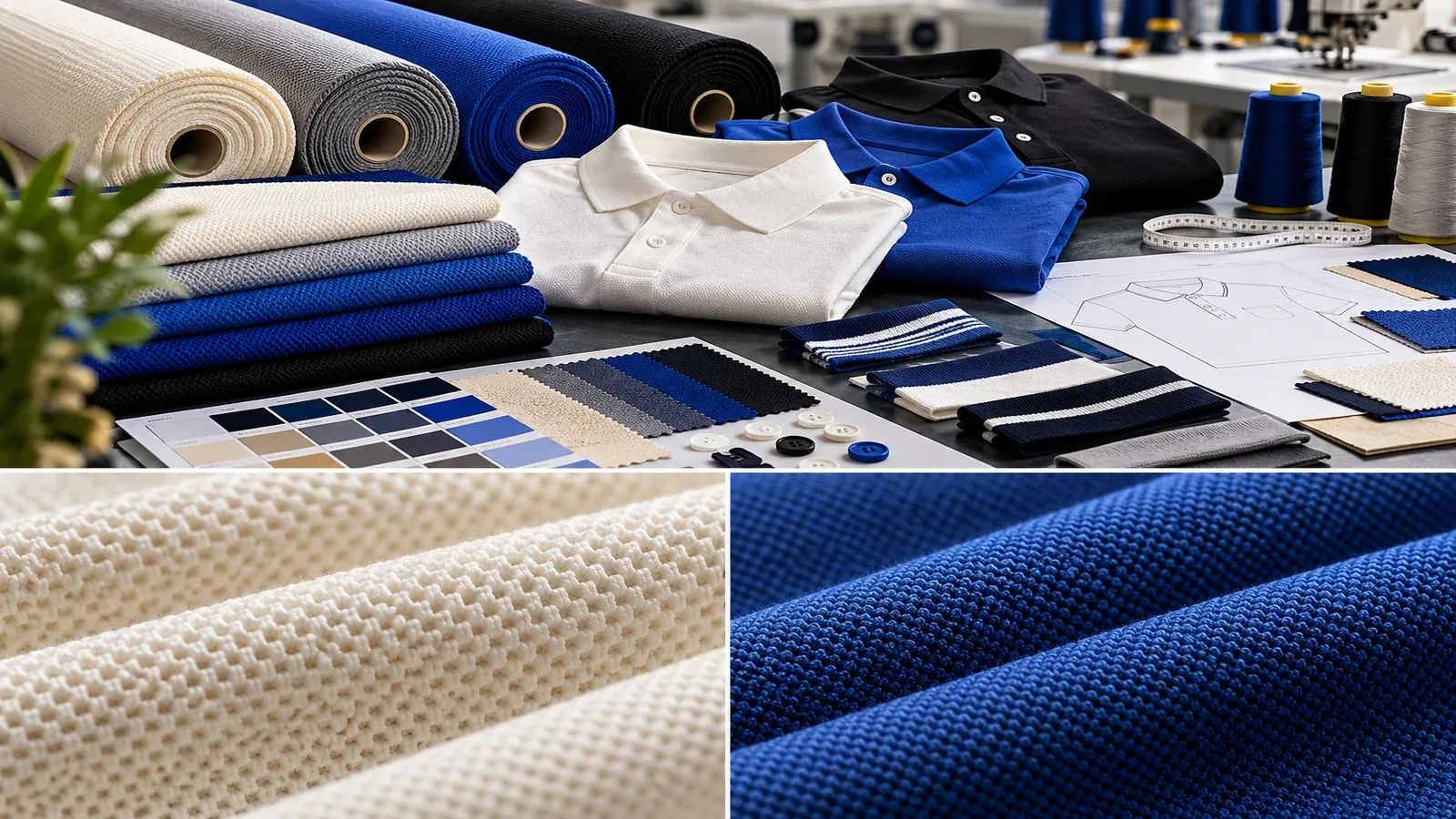 Pique fabric for polo shirt manufacturing with cotton knit rolls, polo samples, collars and swatches